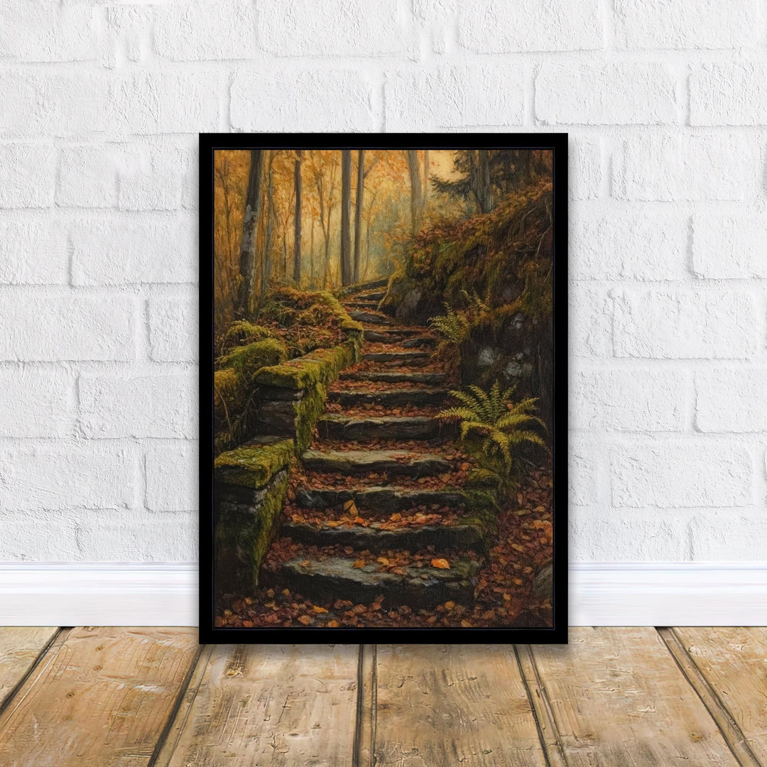 Mossy Stairway Into Wild Wood Art Print Cottagecore Landscape Wall Art Enchanted Forest Path Painting Rustic Nature Decor