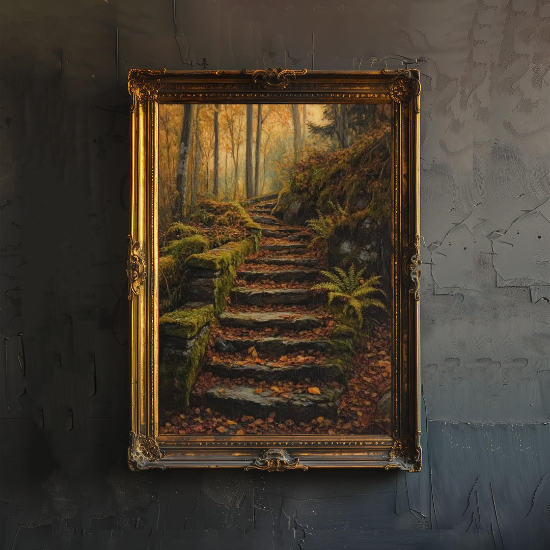 Mossy Stairway Into Wild Wood Art Print Cottagecore Landscape Wall Art Enchanted Forest Path Painting Rustic Nature Decor