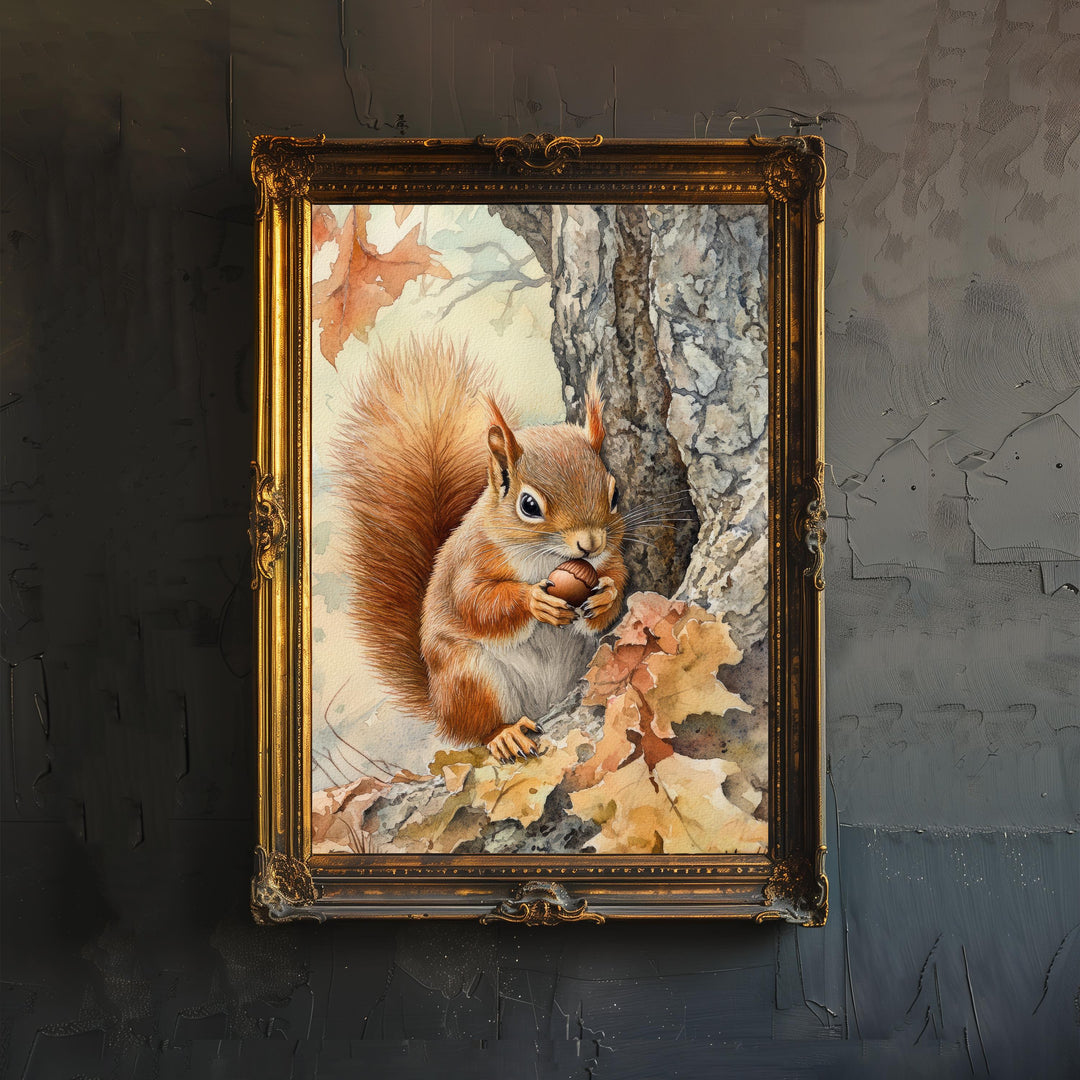 Red Squirrel Watercolour Poster Cottagecore Decor Nature Art Vintage Wildlife Illustration Rustic Woodland Wall Art Poster Print