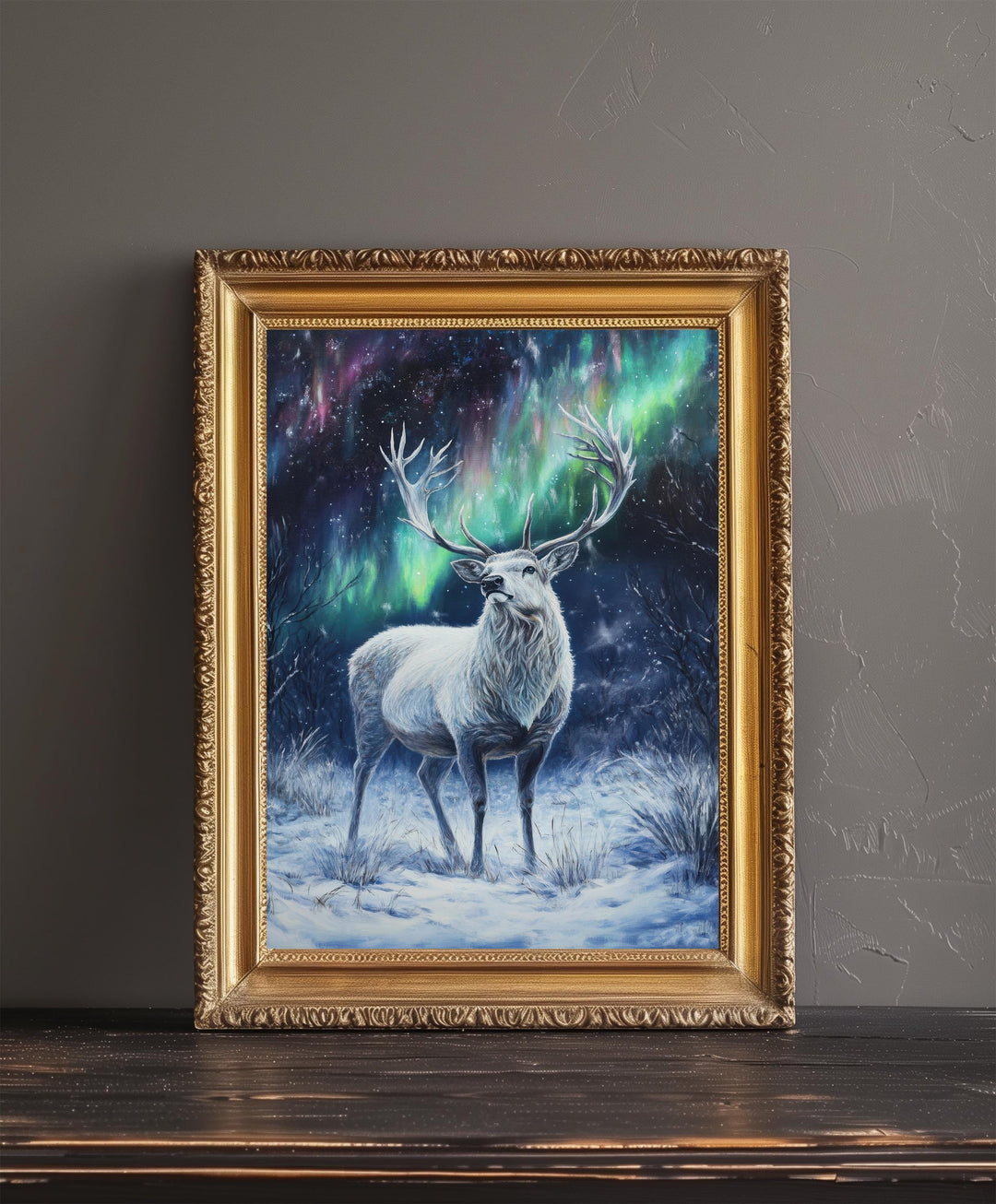 White Stag with Shimmering Antlers Poster Cottagecore Decor Dark Academia Art Enchanted Wildlife Illustration Vintage Nature Wall Art Poster