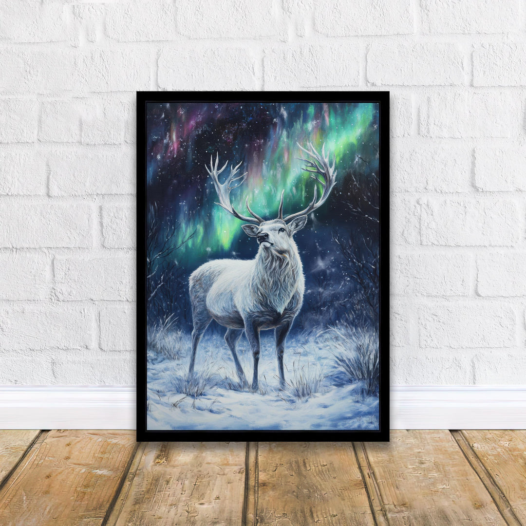 White Stag with Shimmering Antlers Poster Cottagecore Decor Dark Academia Art Enchanted Wildlife Illustration Vintage Nature Wall Art Poster