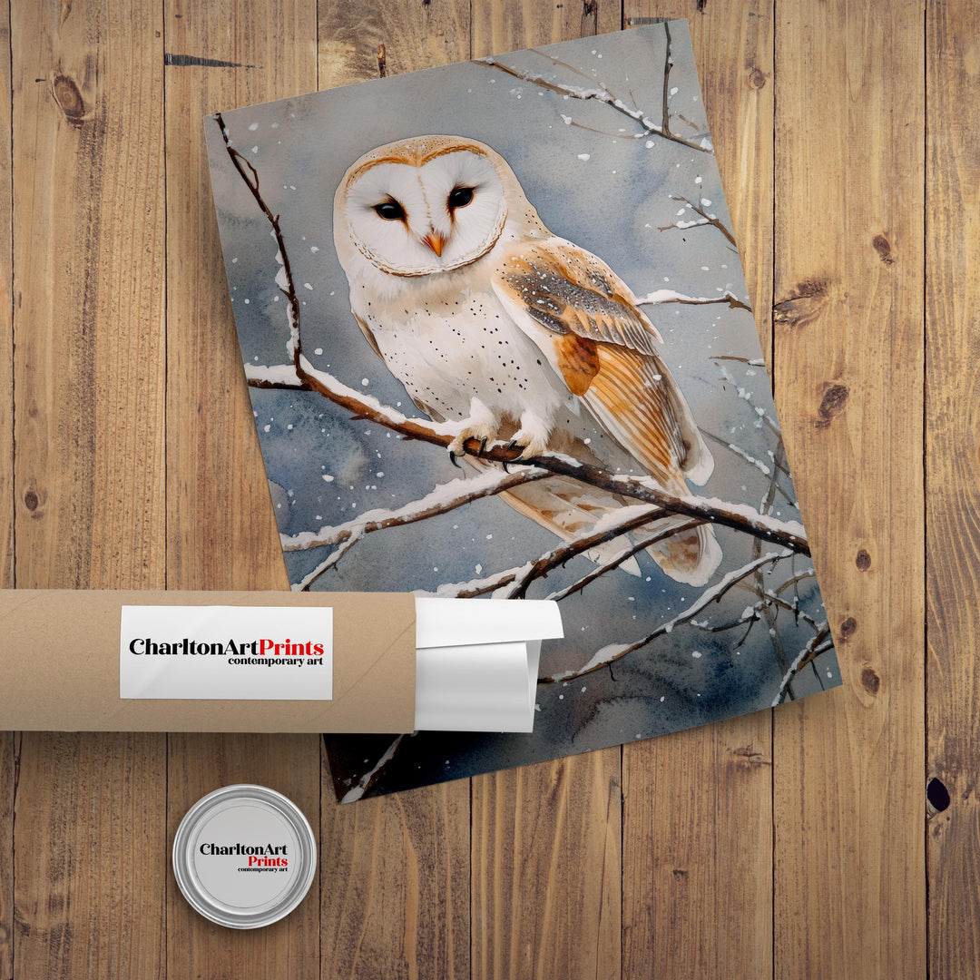 Owl Perched on Winter Branch Poster Cottagecore Decor Dark Academia Art Vintage Wildlife Illustration Rustic Nature Wall Art Poster Print