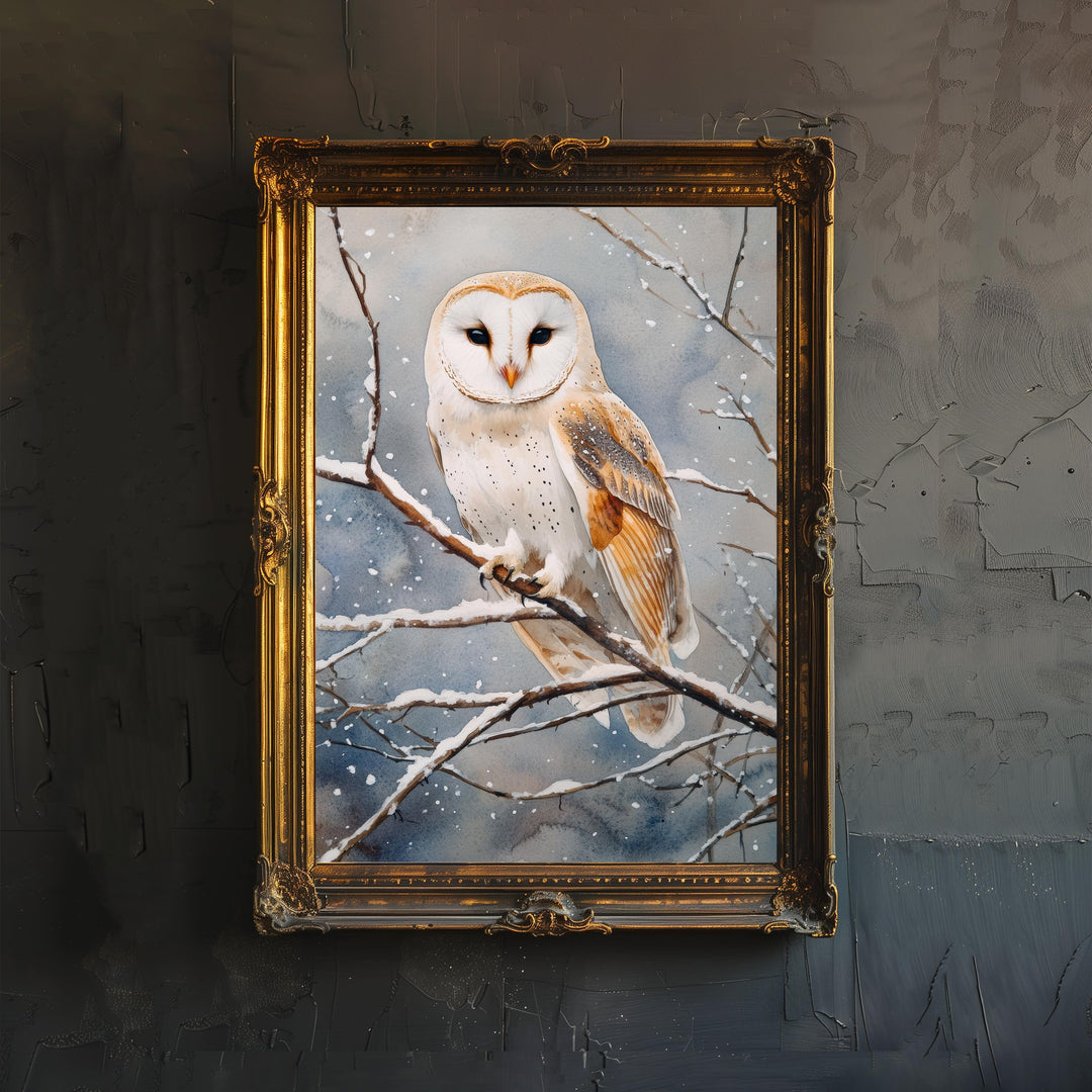 Owl Perched on Winter Branch Poster Cottagecore Decor Dark Academia Art Vintage Wildlife Illustration Rustic Nature Wall Art Poster Print