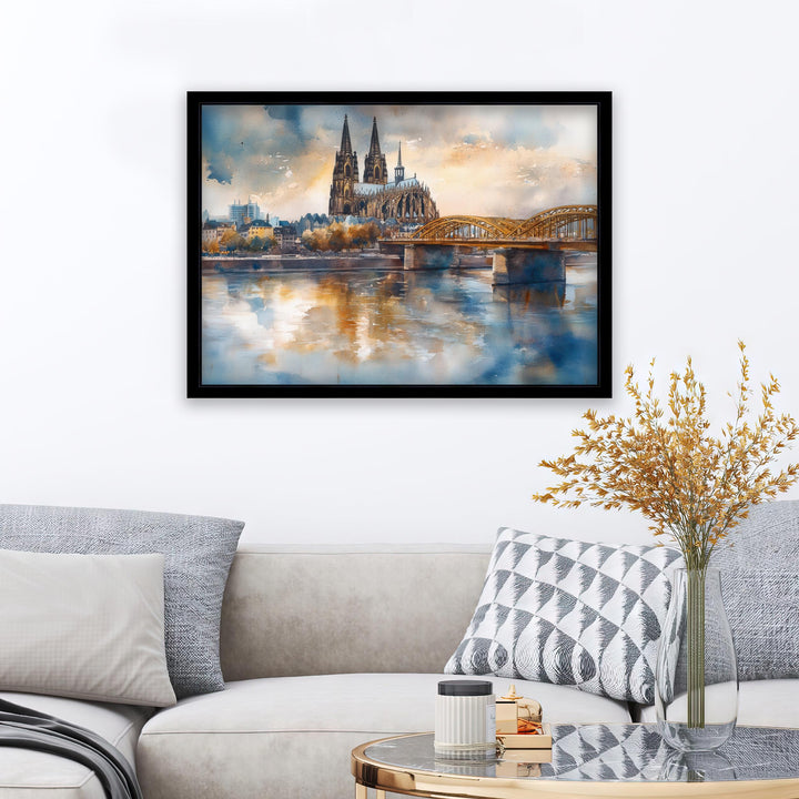 Cologne Watercolour Landscape Painting Poster Germany Wall Art City River Scene Print Gift for Europe Lovers and Fans of Scenic German