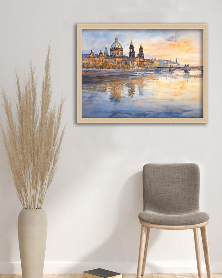 Dresden Watercolour Landscape Painting Poster Germany Wall Art Historic City River Scene Print Gift for Europe Lovers and Fans of Scenic