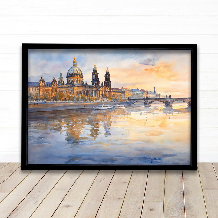 Dresden Watercolour Landscape Painting Poster Germany Wall Art Historic City River Scene Print Gift for Europe Lovers and Fans of Scenic