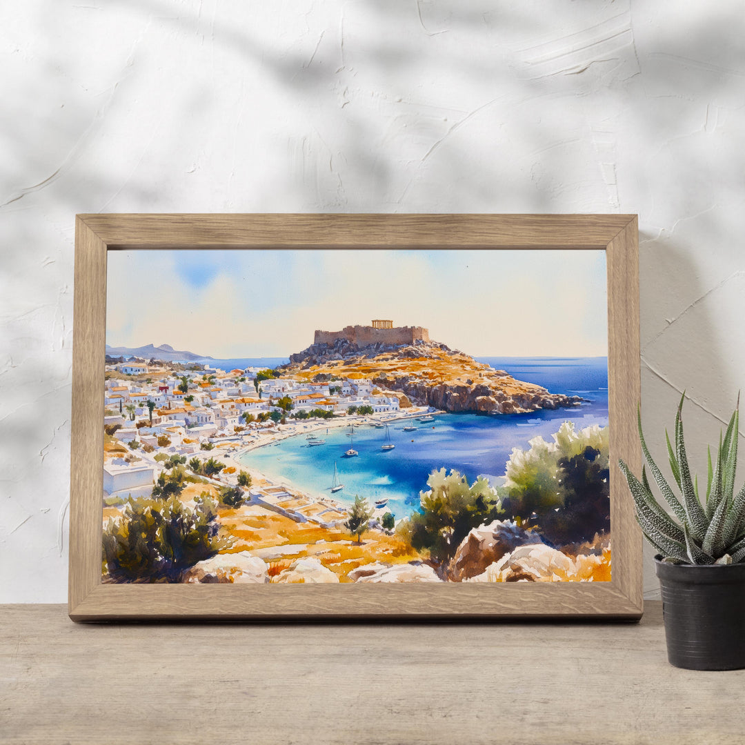 Lindos Travel Poster Print Rhodes Greece Wall Art Coastal Village Landscape Gift for Europe Lovers and Fans of Scenic Greek Island