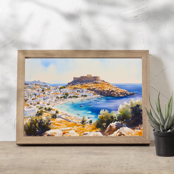 Lindos Travel Poster Print Rhodes Greece Wall Art Coastal Village Landscape Gift for Europe Lovers and Fans of Scenic Greek Island