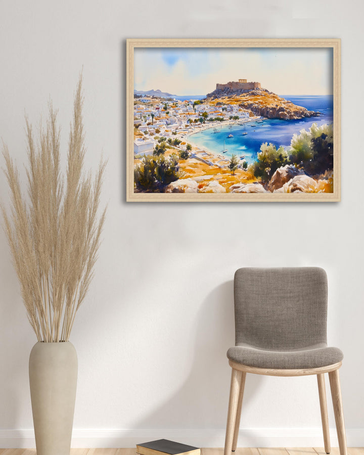 Lindos Travel Poster Print Rhodes Greece Wall Art Coastal Village Landscape Gift for Europe Lovers and Fans of Scenic Greek Island