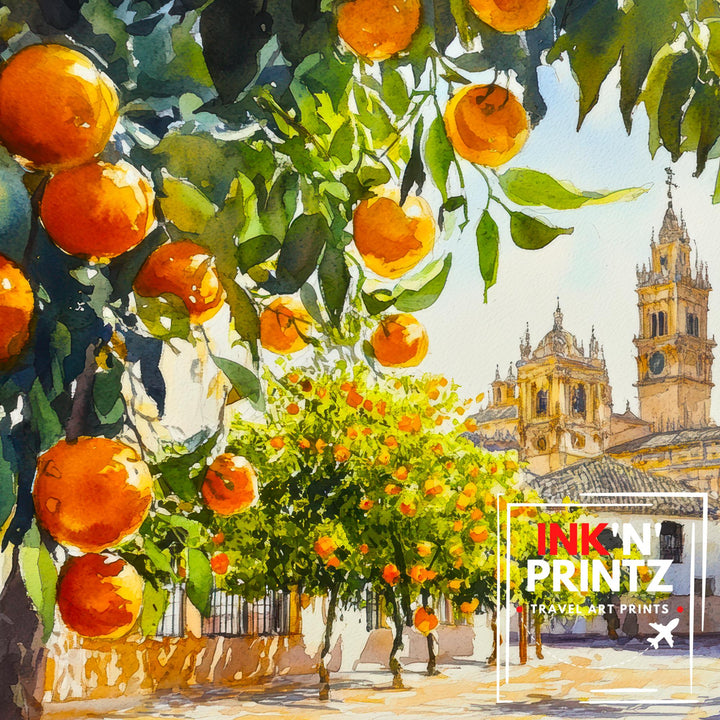 Seville Spain Watercolor Landscape Painting Poster Andalusia Wall Art Historic City Print Gift for Europe Lovers and Fans of Scenic Spanish