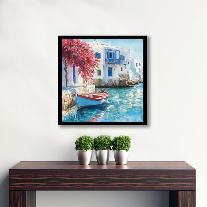 Mykonos Landscape Watercolour Painting Poster Greece Wall Art Coastal Island Scene Print Gift for Europe Lovers and Fans of Scenic Greek