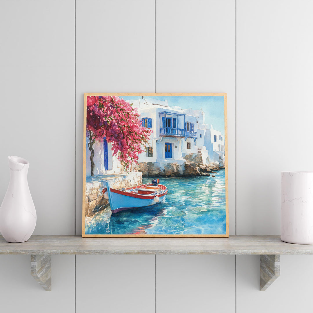 Mykonos Landscape Watercolour Painting Poster Greece Wall Art Coastal Island Scene Print Gift for Europe Lovers and Fans of Scenic Greek