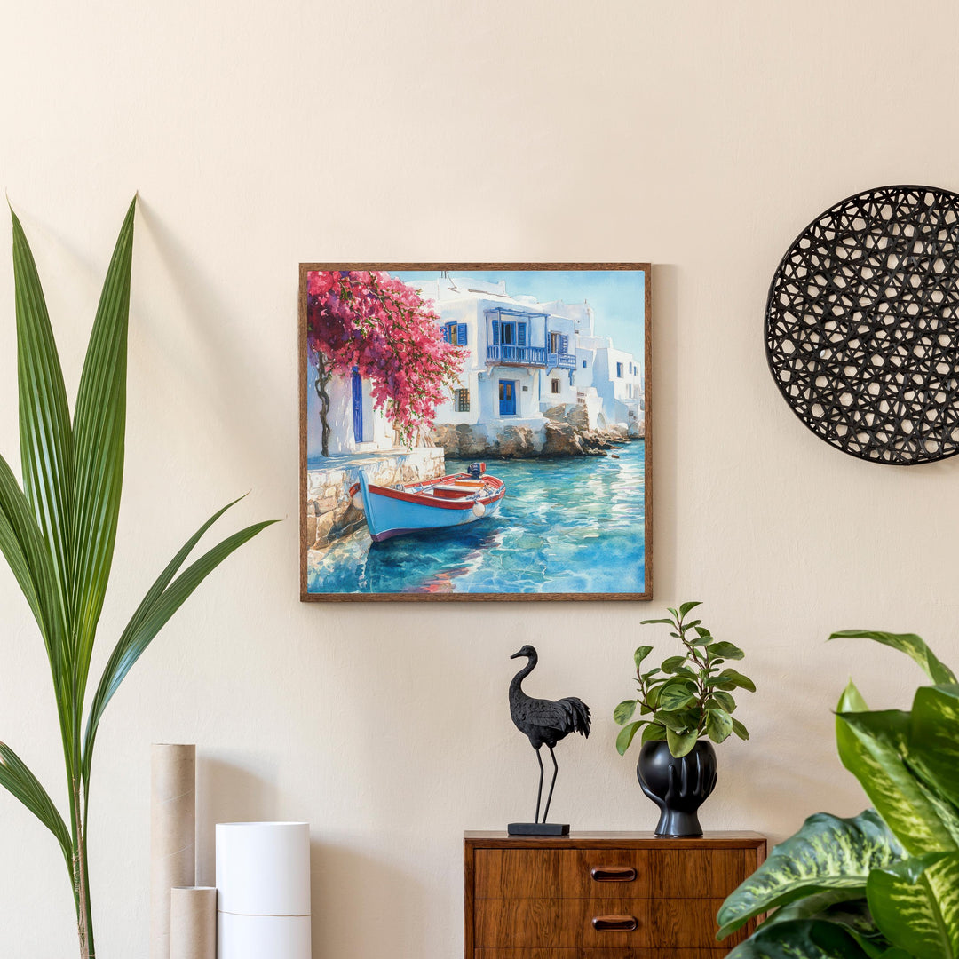 Mykonos Landscape Watercolour Painting Poster Greece Wall Art Coastal Island Scene Print Gift for Europe Lovers and Fans of Scenic Greek