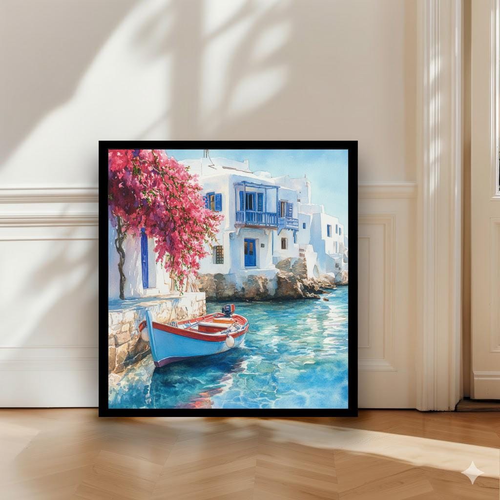 Mykonos Landscape Watercolour Painting Poster Greece Wall Art Coastal Island Scene Print Gift for Europe Lovers and Fans of Scenic Greek
