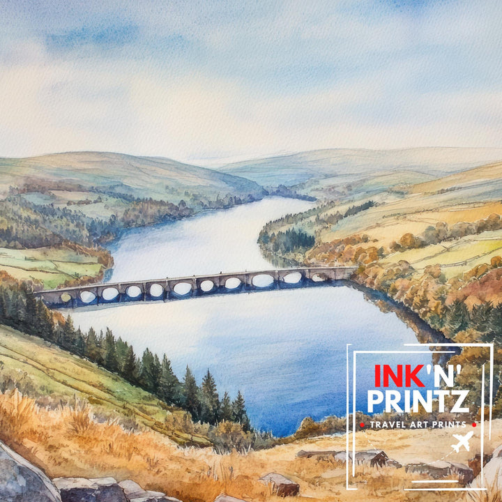 Peak District Watercolour Painting Poster England Wall Art Countryside Landscape Print Gift for UK Nature Lovers and Fans of Scenic British