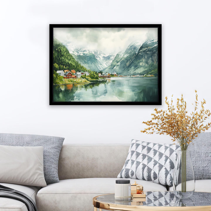 Olden Watercolour Painting Poster Norway Wall Art Fjord Landscape Print Gift for Europe Travel Lovers and Fans of Scenic Nordic Mountain