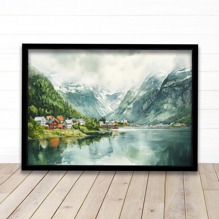 Olden Watercolour Painting Poster Norway Wall Art Fjord Landscape Print Gift for Europe Travel Lovers and Fans of Scenic Nordic Mountain