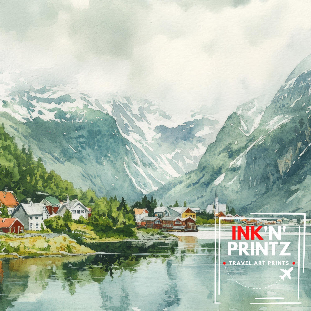 Olden Watercolour Painting Poster Norway Wall Art Fjord Landscape Print Gift for Europe Travel Lovers and Fans of Scenic Nordic Mountain