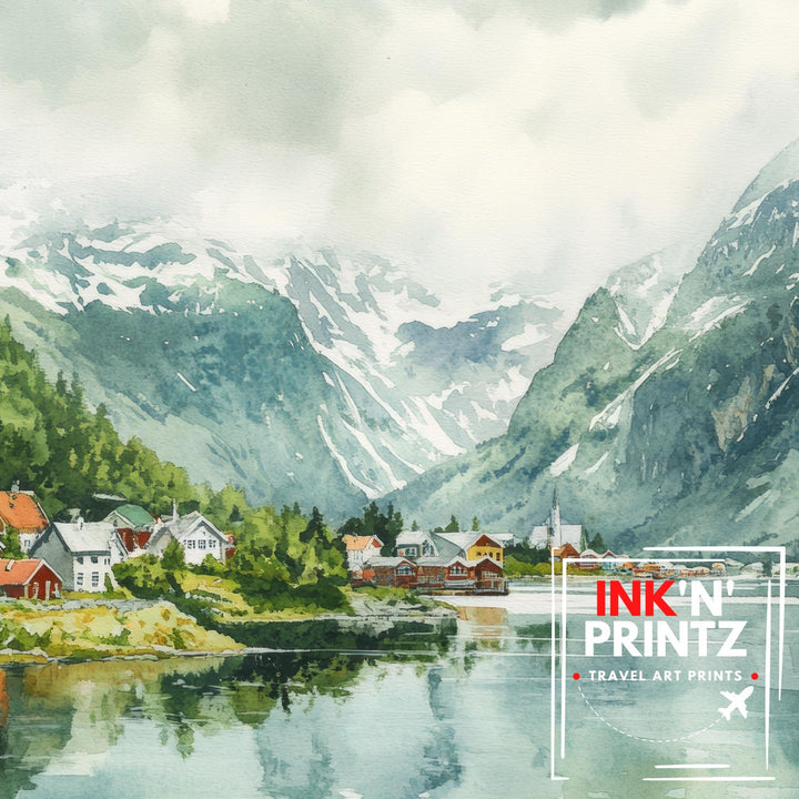 Olden Watercolour Painting Poster Norway Wall Art Fjord Landscape Print Gift for Europe Travel Lovers and Fans of Scenic Nordic Mountain