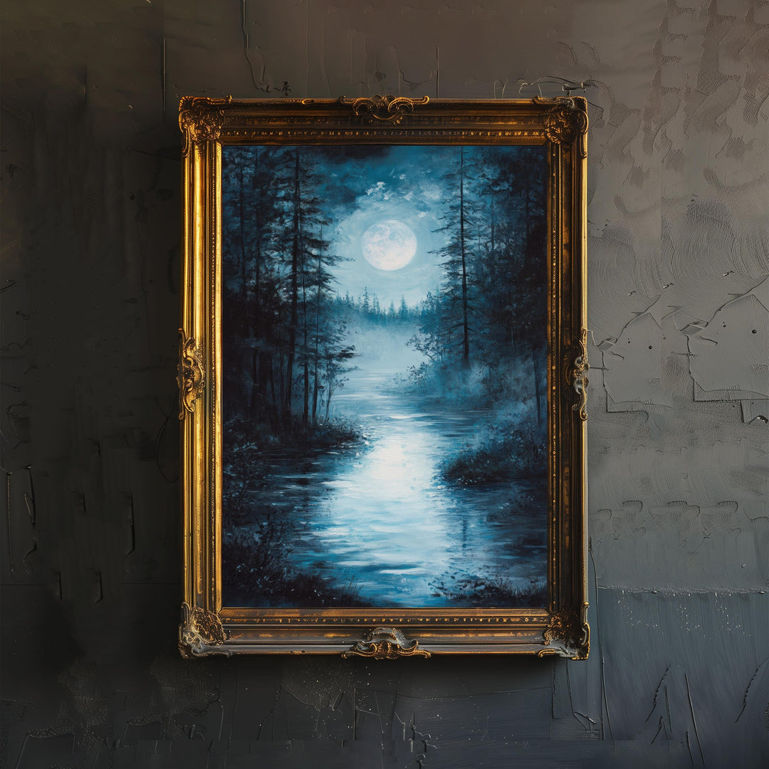 Moonlit River Poster Cottagecore Decor Dark Academia Art Vintage Landscape Illustration Enchanted Nature Scene Rustic Wall Art Poster Print