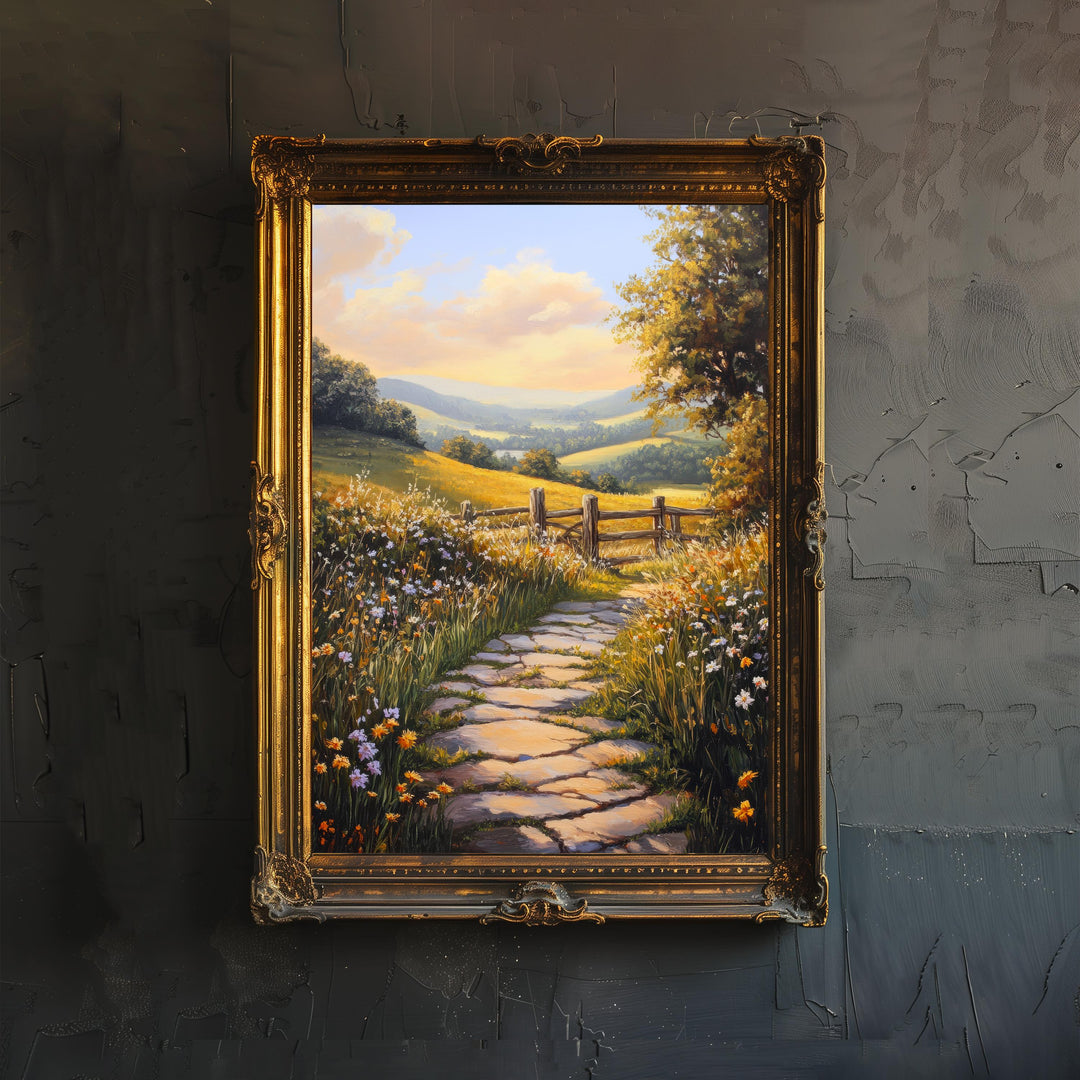 Winding Stone Path Art Print Cottagecore Landscape Wall Art Rustic Countryside Painting Nature Trail Home Decor Vintage Style