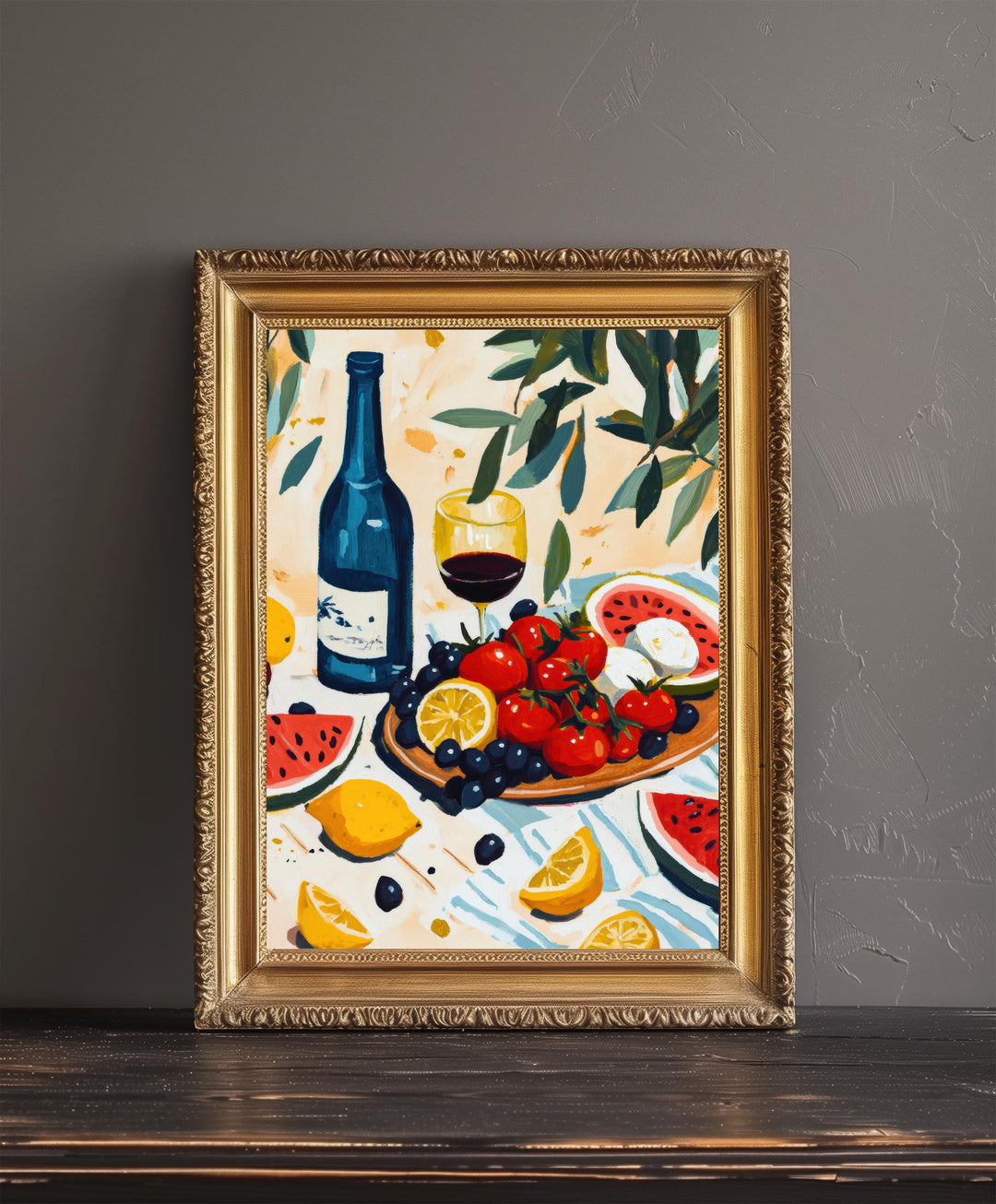 Mediterranean Table Art Print Still Life Painting Coastal Kitchen Wall Art Rustic Fruit And Wine Scene Warm Summer Decor