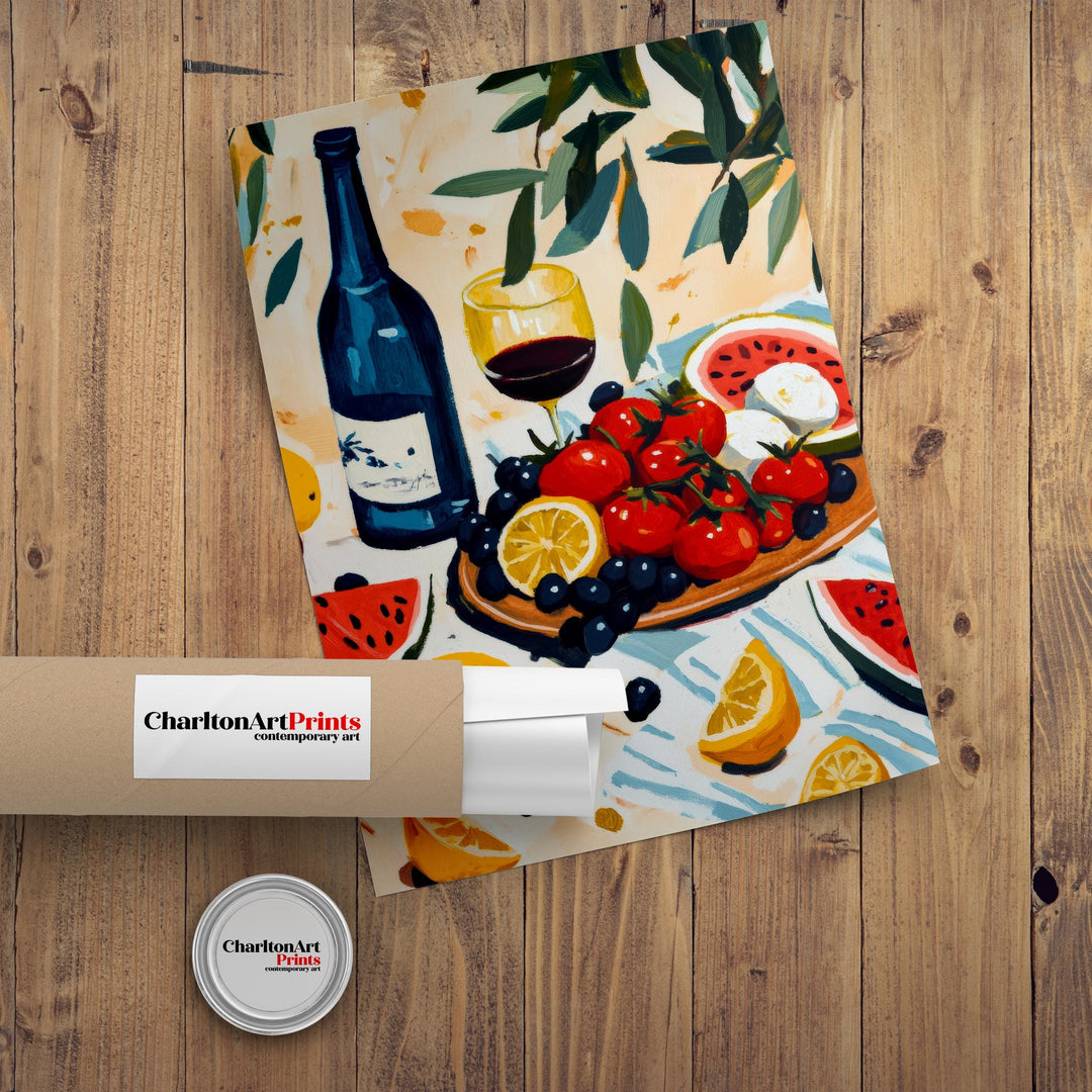 Mediterranean Table Art Print Still Life Painting Coastal Kitchen Wall Art Rustic Fruit And Wine Scene Warm Summer Decor