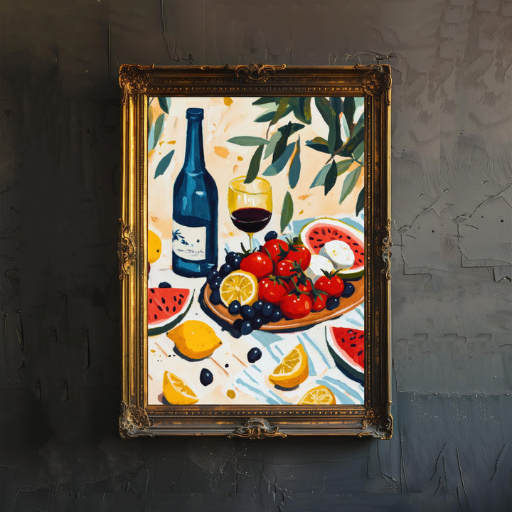 Mediterranean Table Art Print Still Life Painting Coastal Kitchen Wall Art Rustic Fruit And Wine Scene Warm Summer Decor