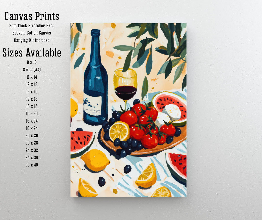 Mediterranean Table Art Print Still Life Painting Coastal Kitchen Wall Art Rustic Fruit And Wine Scene Warm Summer Decor