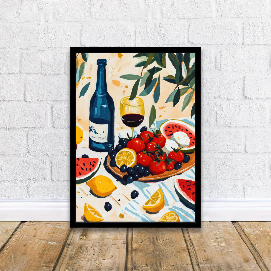 Mediterranean Table Art Print Still Life Painting Coastal Kitchen Wall Art Rustic Fruit And Wine Scene Warm Summer Decor