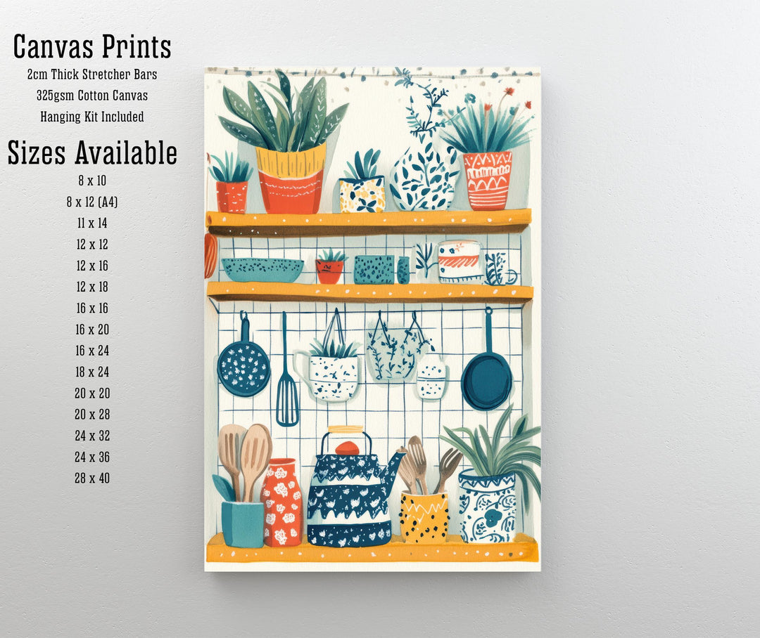 Patterned Kitchen Shelf Art Print Folk Still Life Wall Art Colorful Home Decor Cottage Kitchen Painting Vintage Rustic Style