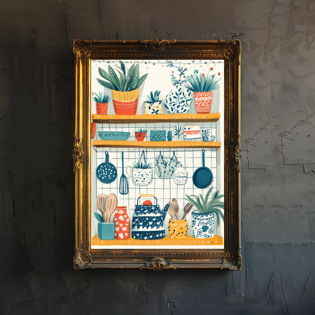 Patterned Kitchen Shelf Art Print Folk Still Life Wall Art Colorful Home Decor Cottage Kitchen Painting Vintage Rustic Style
