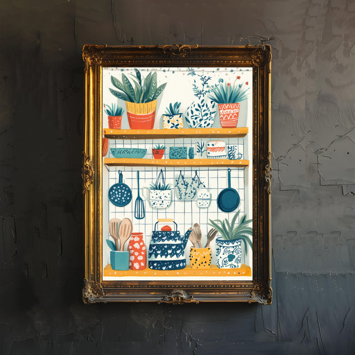Patterned Kitchen Shelf Art Print Folk Still Life Wall Art Colorful Home Decor Cottage Kitchen Painting Vintage Rustic Style