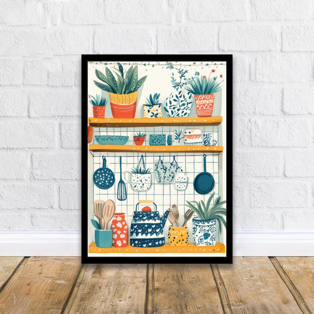 Patterned Kitchen Shelf Art Print Folk Still Life Wall Art Colorful Home Decor Cottage Kitchen Painting Vintage Rustic Style