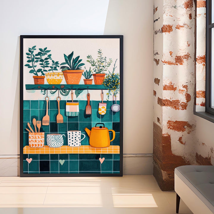 Kitchen Shelf Art Print Folk Still Life Wall Art Cozy Home Decor With Plants Pots And Mugs Country Kitchen Painting