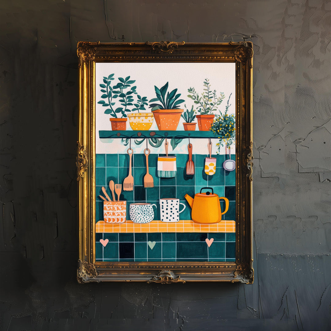 Kitchen Shelf Art Print Folk Still Life Wall Art Cozy Home Decor With Plants Pots And Mugs Country Kitchen Painting