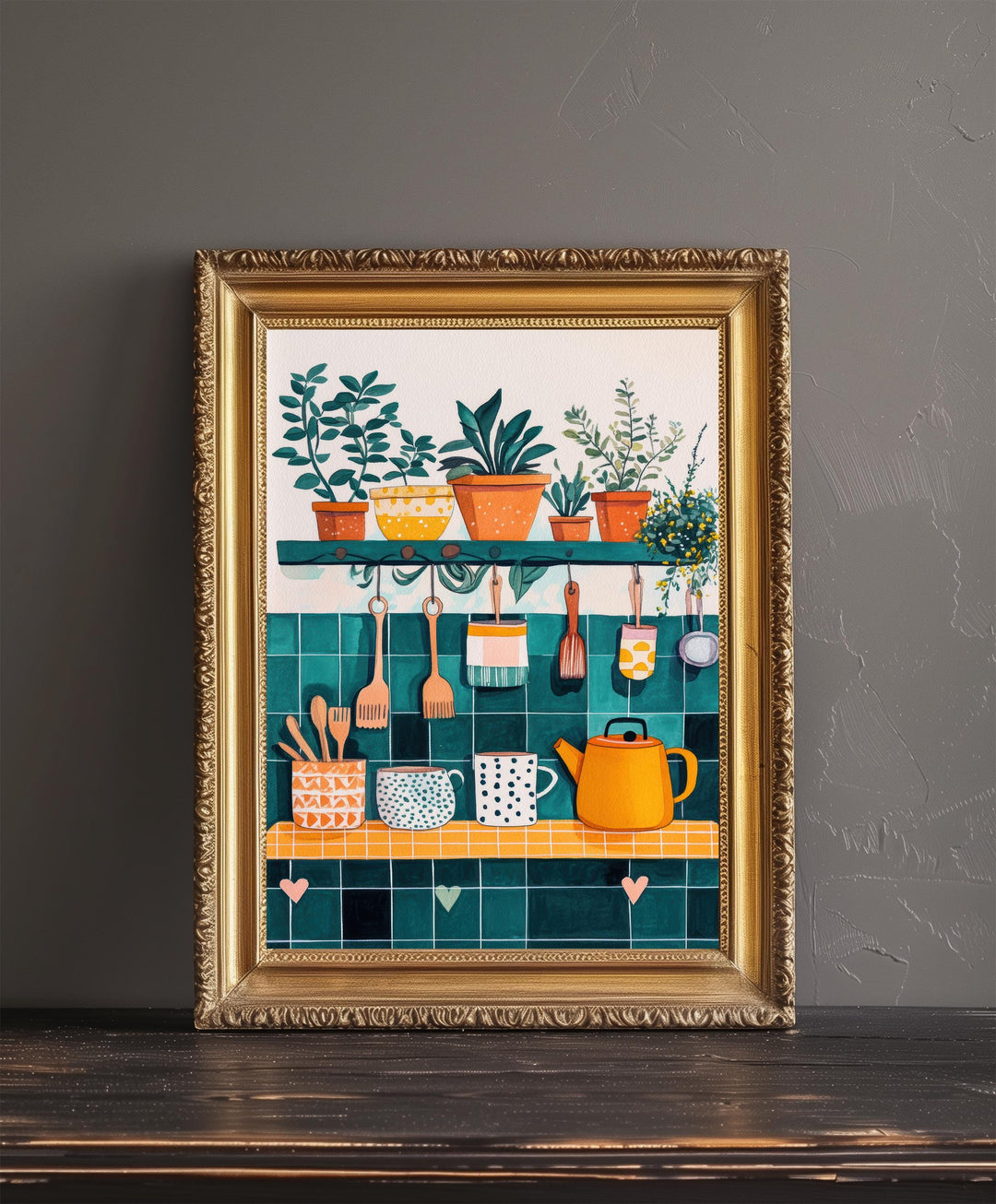 Kitchen Shelf Art Print Folk Still Life Wall Art Cozy Home Decor With Plants Pots And Mugs Country Kitchen Painting