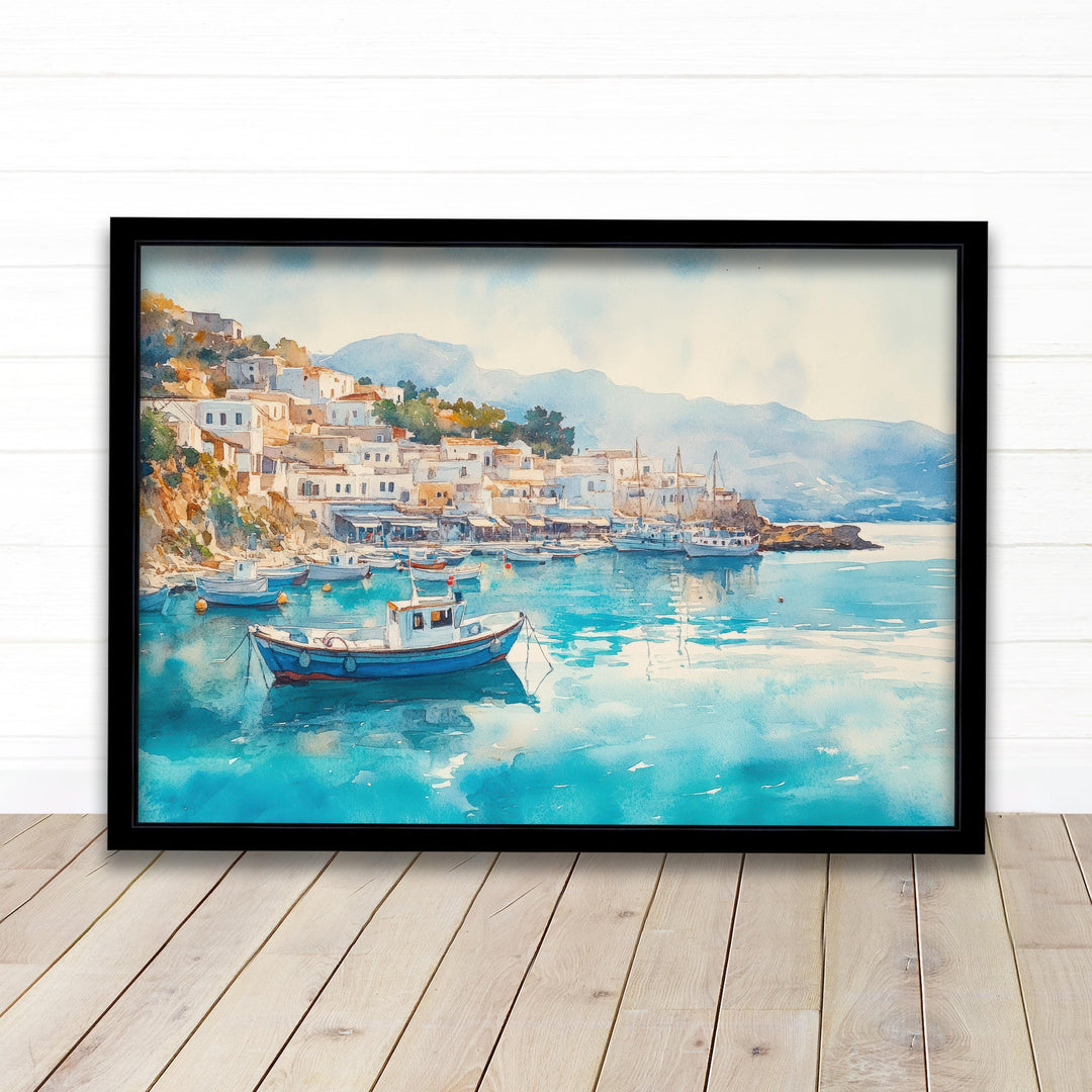 Agia Crete Watercolour Landscape Painting Poster Greece Wall Art Coastal Village Scene Print Gift for Europe Lovers and Fans of Scenic Greek