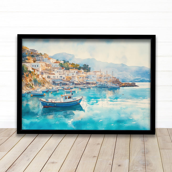 Agia Crete Watercolour Landscape Painting Poster Greece Wall Art Coastal Village Scene Print Gift for Europe Lovers and Fans of Scenic Greek