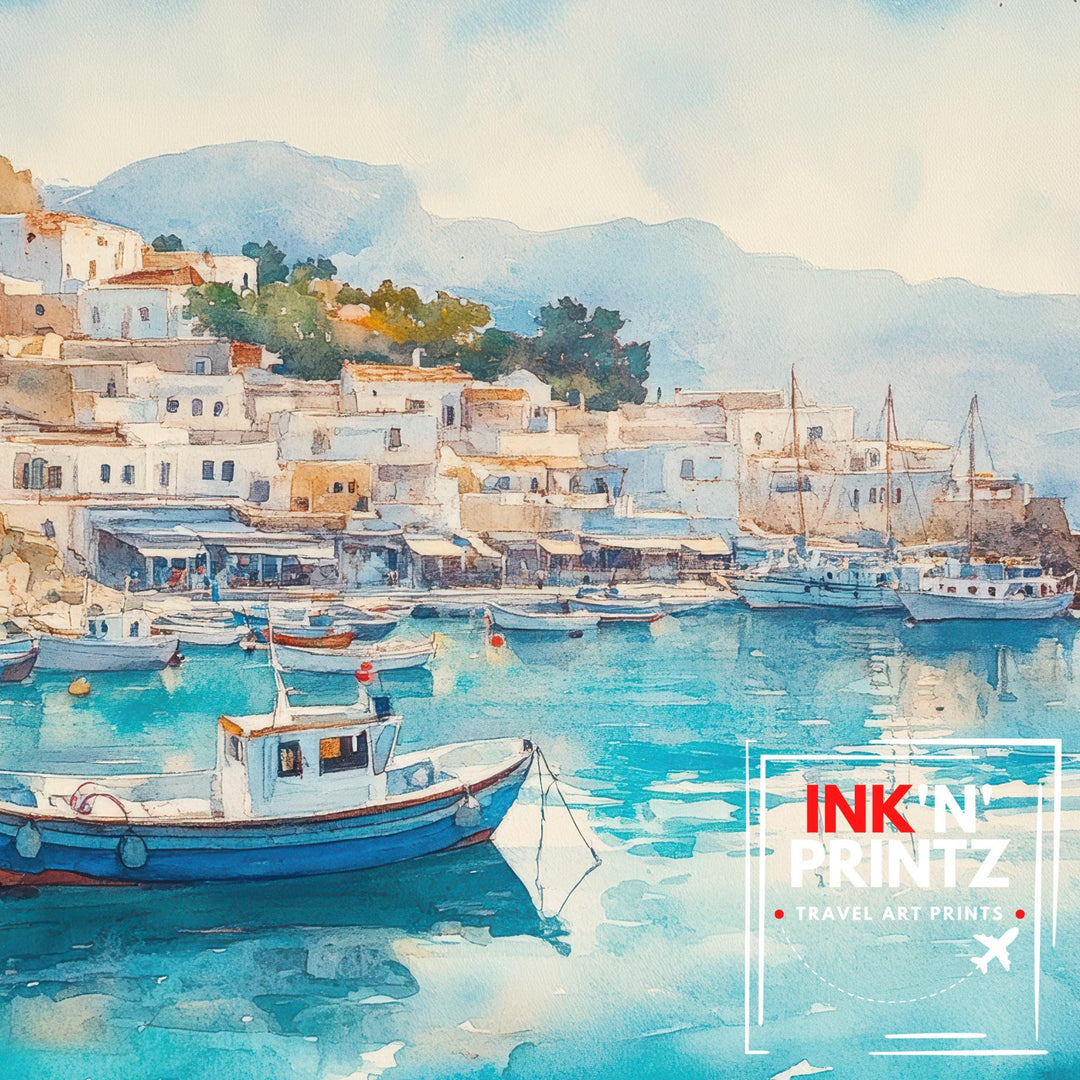 Agia Crete Watercolour Landscape Painting Poster Greece Wall Art Coastal Village Scene Print Gift for Europe Lovers and Fans of Scenic Greek