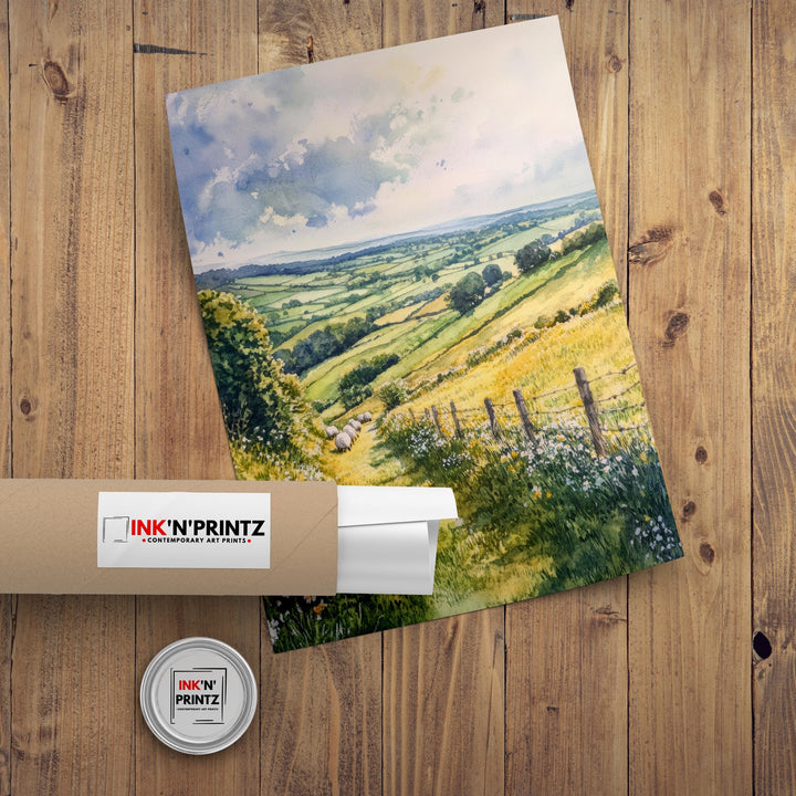 Cotswolds Watercolour Painting Poster England Wall Art Countryside Village Print Gift for UK Travel Lovers and Fans of Scenic British Rural