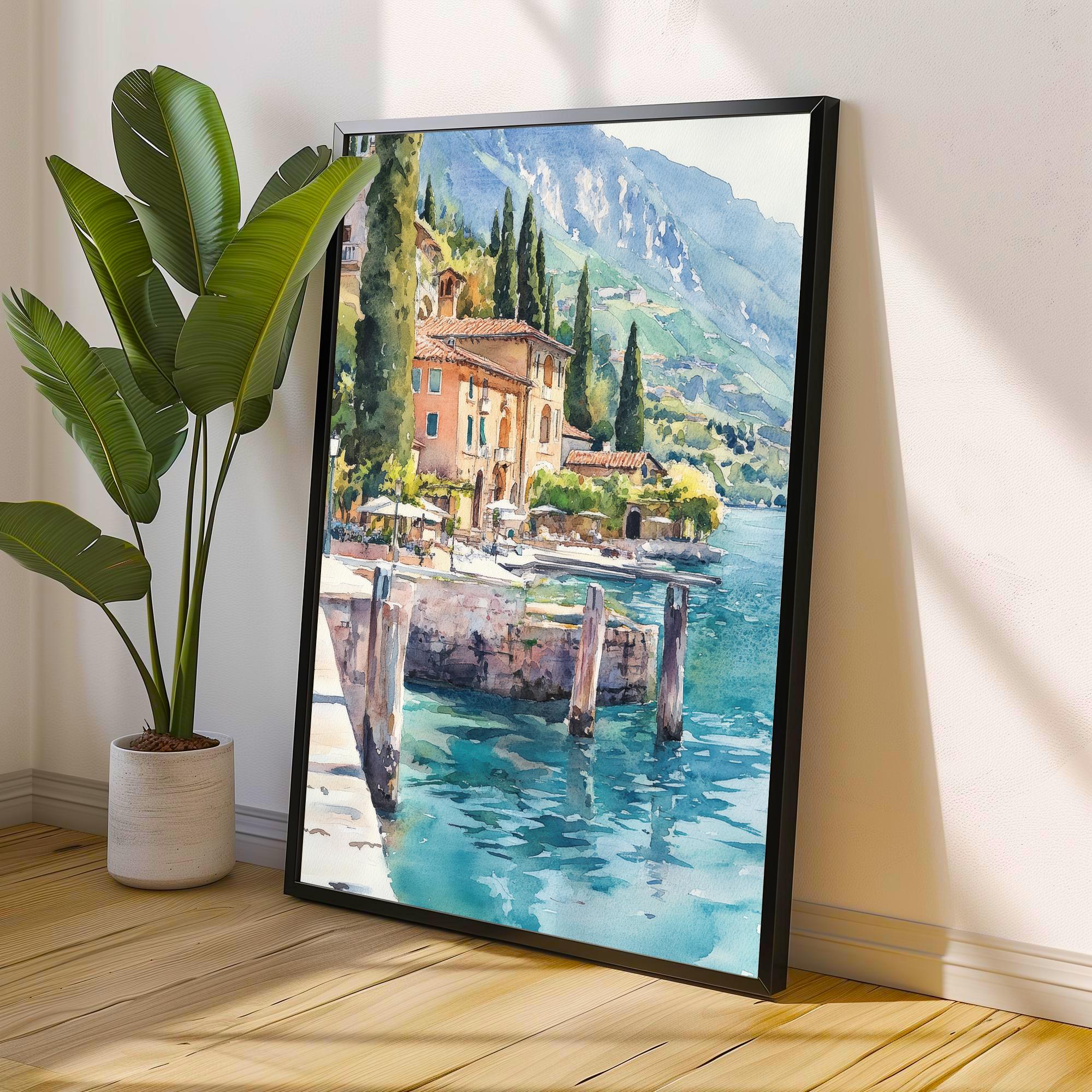 Lake Garda Watercolour Painting Poster Italy Wall Art Coastal Landscape Print Gift for Europe Lovers and Fans of Scenic Italian Lakeside
