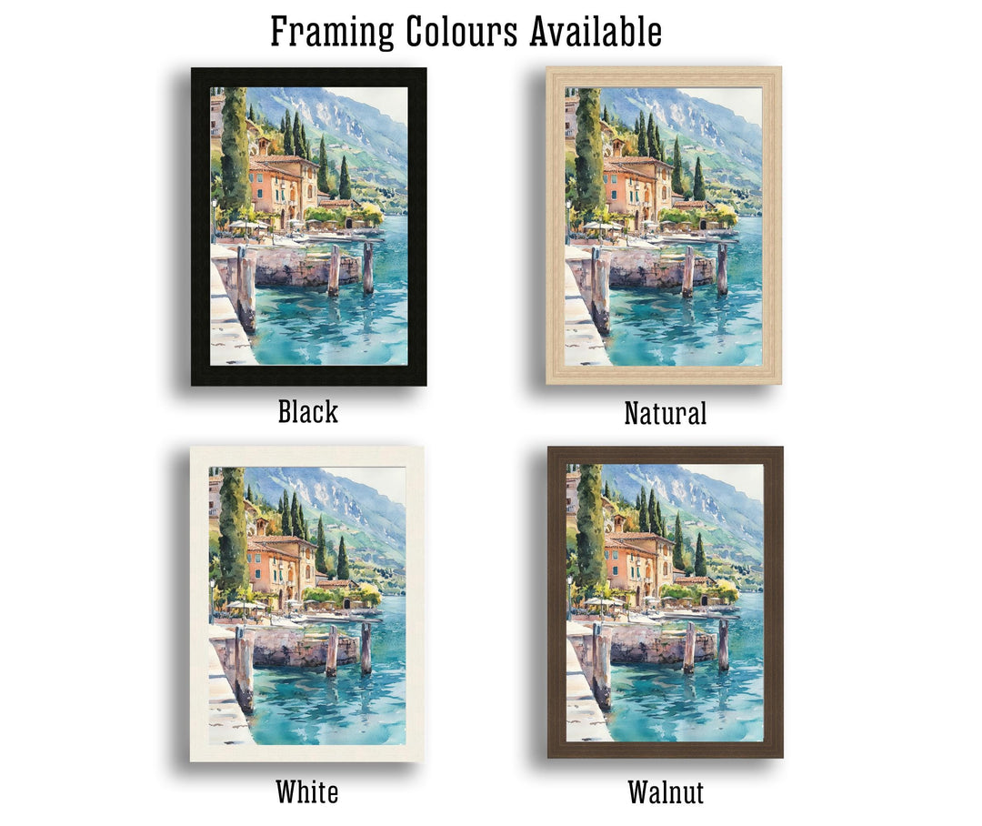 Lake Garda Watercolour Painting Poster Italy Wall Art Coastal Landscape Print Gift for Europe Lovers and Fans of Scenic Italian Lakeside