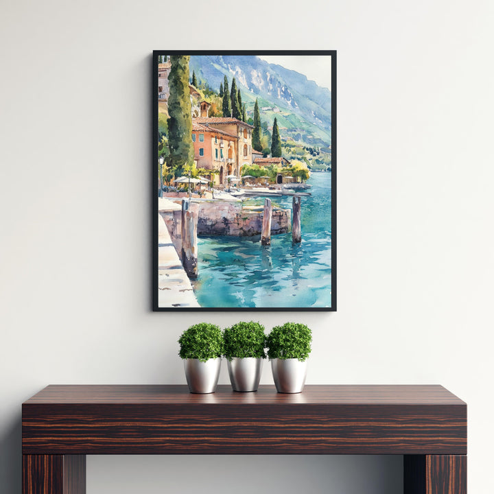 Lake Garda Watercolour Painting Poster Italy Wall Art Coastal Landscape Print Gift for Europe Lovers and Fans of Scenic Italian Lakeside