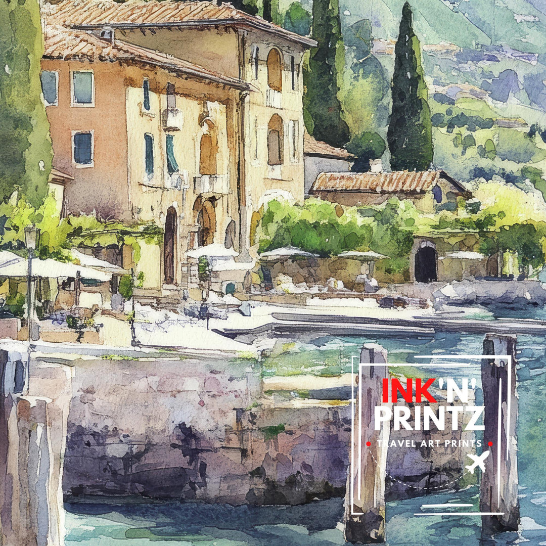 Lake Garda Watercolour Painting Poster Italy Wall Art Coastal Landscape Print Gift for Europe Lovers and Fans of Scenic Italian Lakeside