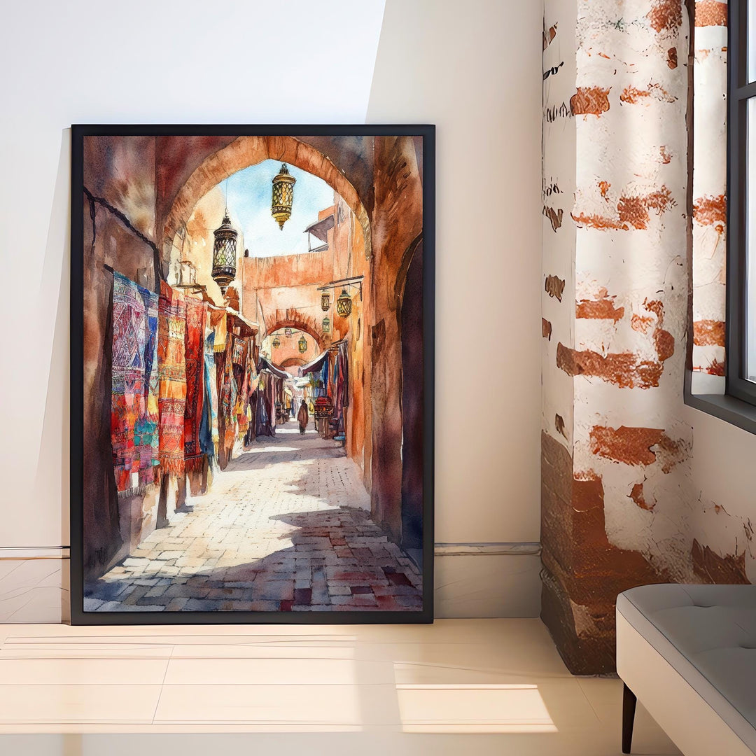 Marrakesh Watercolour Painting Poster Morocco Wall Art City Landscape Print Gift for Africa Lovers and Fans of Scenic Moroccan Architecture