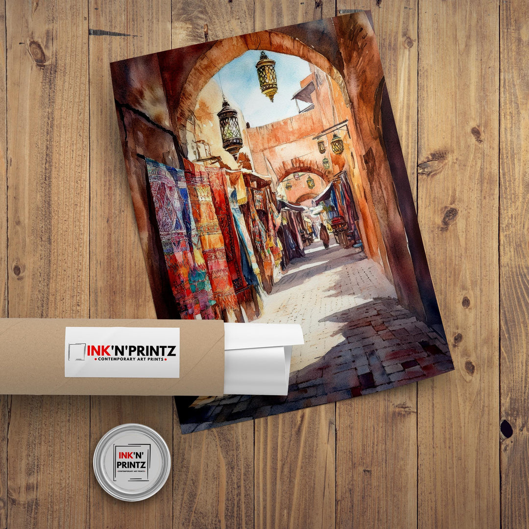 Marrakesh Watercolour Painting Poster Morocco Wall Art City Landscape Print Gift for Africa Lovers and Fans of Scenic Moroccan Architecture