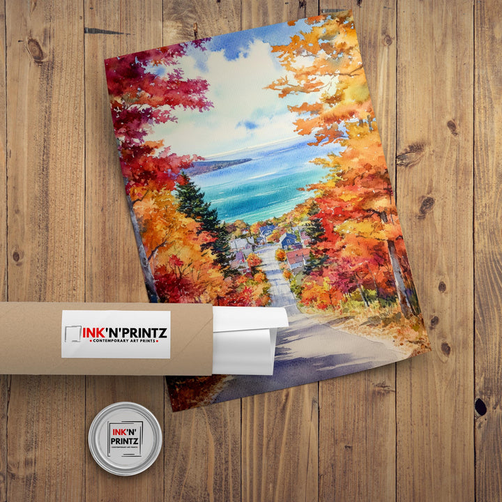 Michigan Watercolour Painting Poster USA Wall Art Great Lakes Landscape Print Gift for American Travel Lovers and Fans of Scenic Midwestern