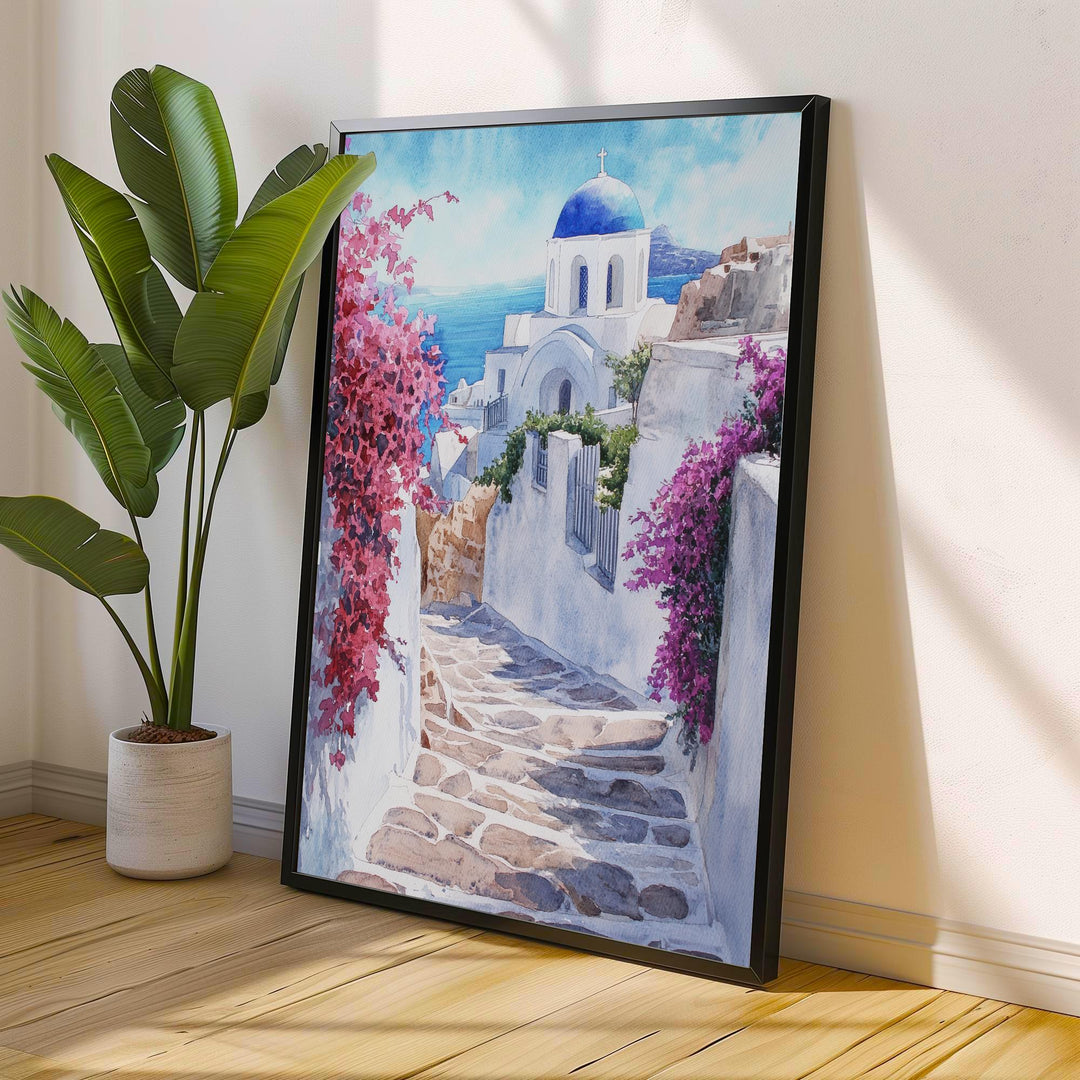 Santorini Watercolour Painting Poster Greece Wall Art Coastal Island Scene Print Gift for Europe Lovers and Fans of Scenic Greek