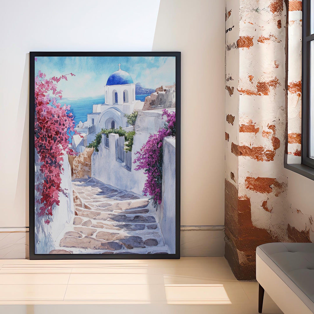 Santorini Watercolour Painting Poster Greece Wall Art Coastal Island Scene Print Gift for Europe Lovers and Fans of Scenic Greek